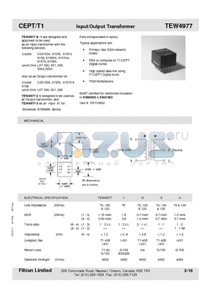 TEW4977-3 datasheet - CEPT/T1 Input/Output Transformer