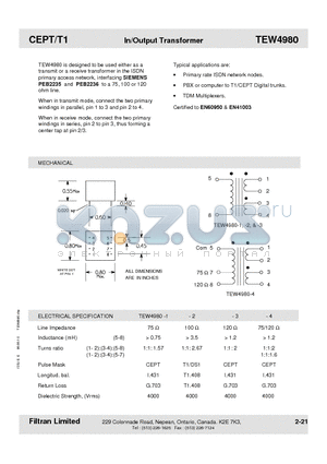 TEW4980-3 datasheet - CEPT/T1 In/Output Transformer