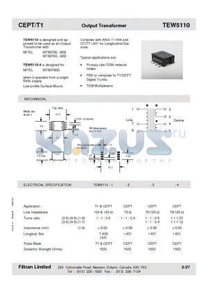TEW5110-3 datasheet - CEPT/T1 Output Transformer