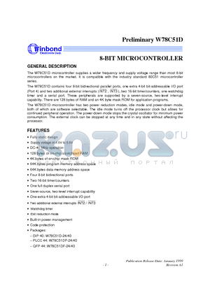 W78C51D datasheet - 8-BIT MICROCONTROLLER