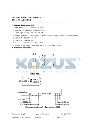 S5400 datasheet - T1/CEPT/ISDN-PRI TRANSFORMER