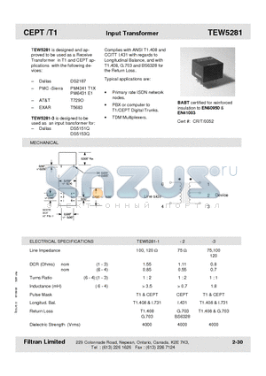 TEW5281-2 datasheet - CEPT /T1 Input Transformer