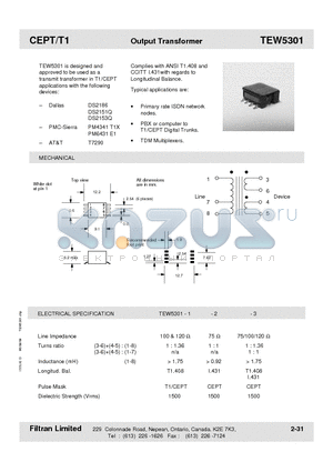 TEW5301 datasheet - CEPT/T1 Output Transformer