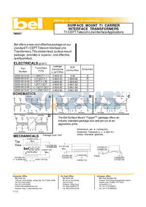 S553-0013-00 datasheet - SURFACE MOUNT T1 CARRIER INTERFACE TRANSFORMERS T1/CEPT Telecom Line Interface Applications