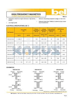 S553-0013-02 datasheet - HIGH FREQUENCY MAGNETICS T1/CEPT Dual Line Interface Transformers