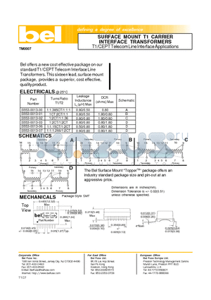 S553-0013-06 datasheet - SURFACE MOUNT T1 CARRIER INTERFACE TRANSFORMERS T1/CEPT Telecom Line Interface Applications