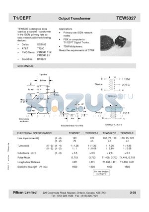 TEW5327-3 datasheet - T1/CEPT Output Transformer