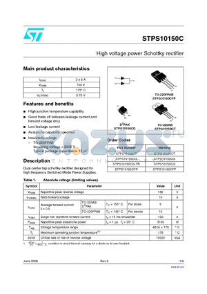 STPS10150CG-TR datasheet - High voltage power Schottky rectifier