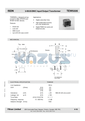 TEW5335 datasheet - ISDN U-BUS/DNIC Input/Output Transformer