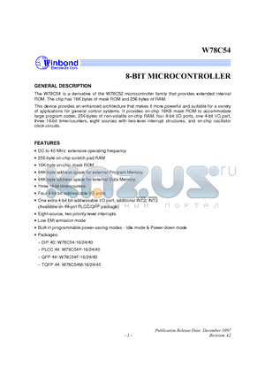 W78C54P-16 datasheet - 8-BIT MICROCONTROLLER