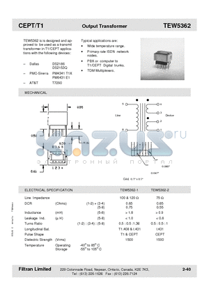 TEW5362-1 datasheet - CEPT/T1 Output Transformer