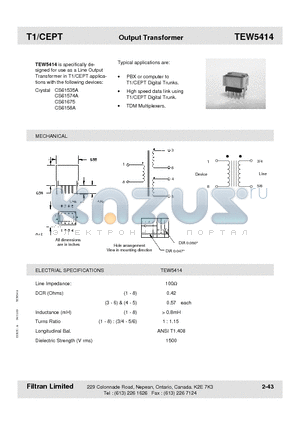 TEW5414 datasheet - T1/CEPT Output Transformer