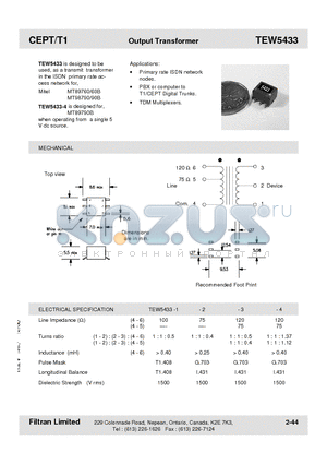 TEW5433-2 datasheet - CEPT/T1 Output Transformer