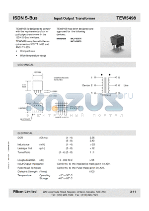 TEW5498 datasheet - ISDN S-Bus Input/Output Transformer