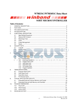 W78E051C40FL datasheet - 8-BIT MICROCONTROLLER