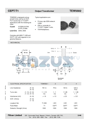 TEW5502-2 datasheet - CEPT/T1 Output Transformer