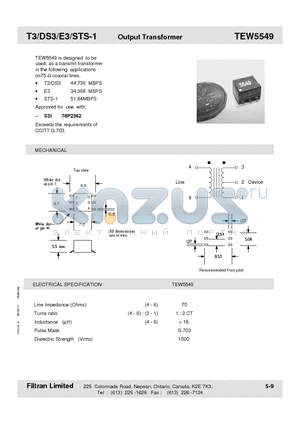 TEW5549 datasheet - T3/DS3/E3/STS-1 Output Transformer