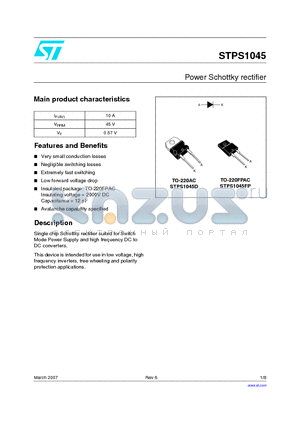 STPS1045FP datasheet - Power Schottky rectifier