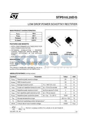 STPS10L25D datasheet - LOW DROP POWER SCHOTTKY RECTIFIER