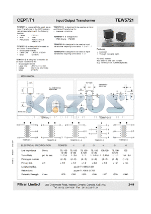 TEW5721-4 datasheet - CEPT/T1 Input/Output Transformer