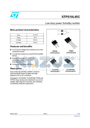 STPS10L45CG-TR datasheet - Low drop power Schottky rectifier