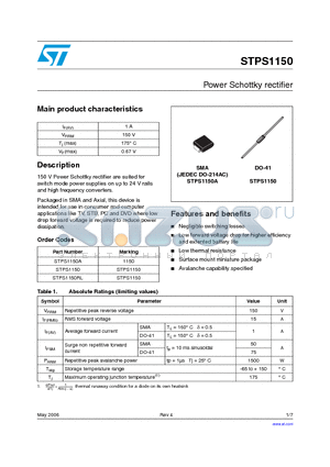 STPS1150 datasheet - Power Schottky rectifier