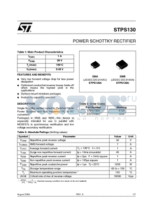 STPS130 datasheet - POWER SCHOTTKY RECTIFIER