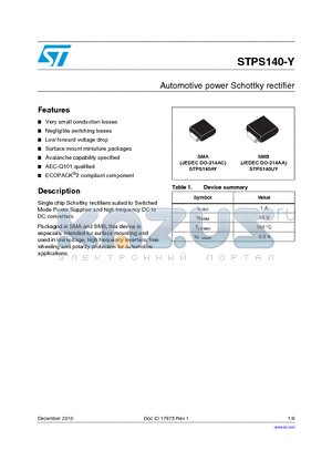 STPS140-Y datasheet - Automotive power Schottky rectifier