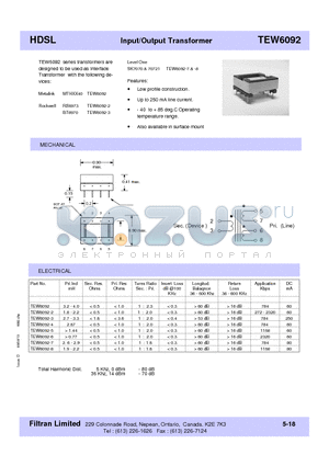 TEW6092-5 datasheet - HDSL Input/Output Transformer