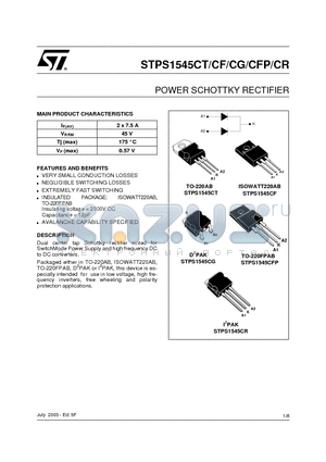 STPS1545CFP datasheet - POWER SCHOTTKY RECTIFIER