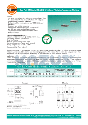 TEXD-400N-J datasheet - Dual Port SMD Auto MDI/MDIX 10/100Base-T Isolation Transformer Modules