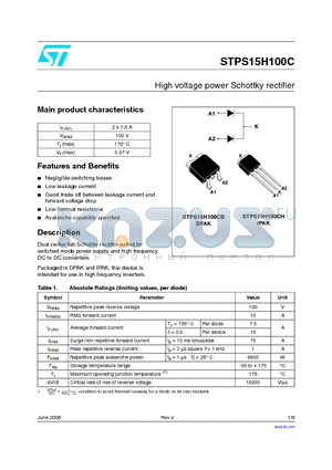 STPS15H100C_06 datasheet - High voltage power Schottky rectifier