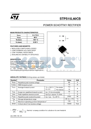 STPS15L60CB-TR datasheet - POWER SCHOTTKY RECTIFIER