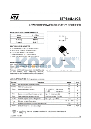 STPS15L45CB-TR datasheet - LOW DROP POWER SCHOTTKY RECTIFIER