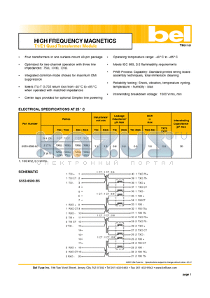 S553-6500-B5 datasheet - HIGH FREQUENCY MAGNETICS T1/E1 Quad Transformer Module