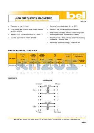 S553-6500-C9 datasheet - HIGH FREQUENCY MAGNETICS T1/E1 Dual Surface Mount Transformer