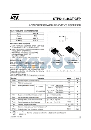 STPS16L45CT datasheet - LOW DROP POWER SCHOTTKY RECTIFIER