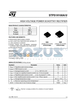 STPS1H100 datasheet - HIGH VOLTAGE POWER SCHOTTKY RECTIFIER