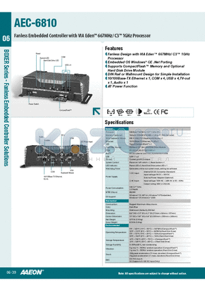 TF-AEC-6810-A2 datasheet - Fanless Design with VIA Eden 667MHz/ C3 1GHz Processor