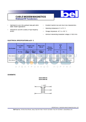 S554-5999-06 datasheet - CABLE MODEM MAGNETICS Wideband RF Transformers