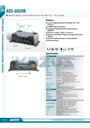 TF-AEC-6820B-A2 datasheet - Fanless Design With VIA Eden 667 MHz/ C3 1 GHz Processor