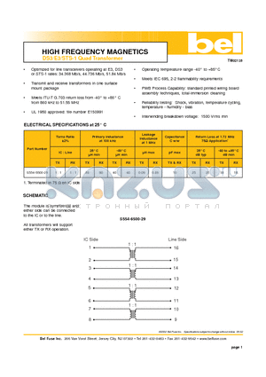 S554-6500-29 datasheet - HIGH FREQUENCY MAGNETICS DS3/E3/STS-1 Quad Transformer