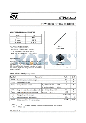 STPS1L60 datasheet - POWER SCHOTTKY RECTIFIER