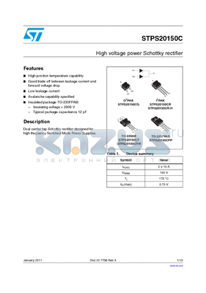 STPS20150C datasheet - High voltage power Schottky rectifier