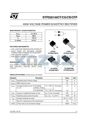 STPS20150CR datasheet - HIGH VOLTAGE POWER SCHOTTKY RECTIFIER