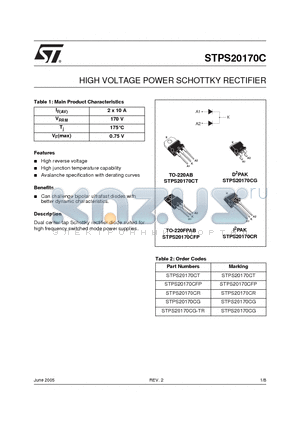 STPS20170CR datasheet - HIGH VOLTAGE POWER SCHOTTKY RECTIFIER