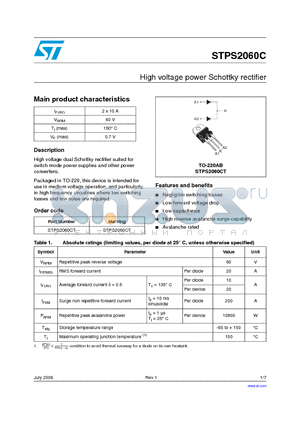 STPS2060C_06 datasheet - High voltage power Schottky rectifier
