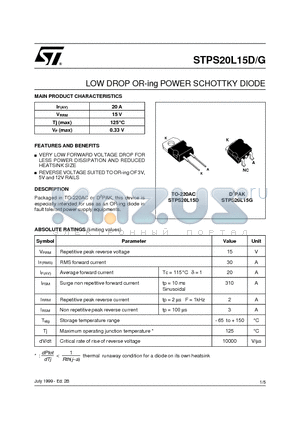 STPS20L15 datasheet - LOW DROP OR-ing POWER SCHOTTKY DIODE