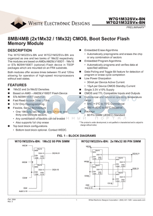 W7G1M32SVB70BNI datasheet - 8MB/4MB (2x1Mx32 / 1Mx32) CMOS, Boot Sector Flash Memory Module