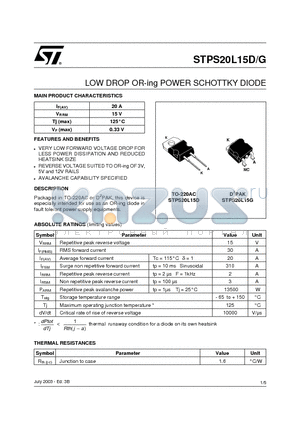 STPS20L15G datasheet - LOW DROP OR-ing POWER SCHOTTKY DIODE